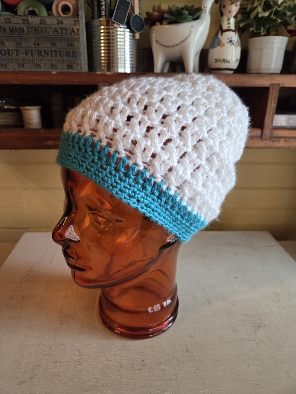 White Crochet Beanie with Turquoise Trim - Women's Hat
